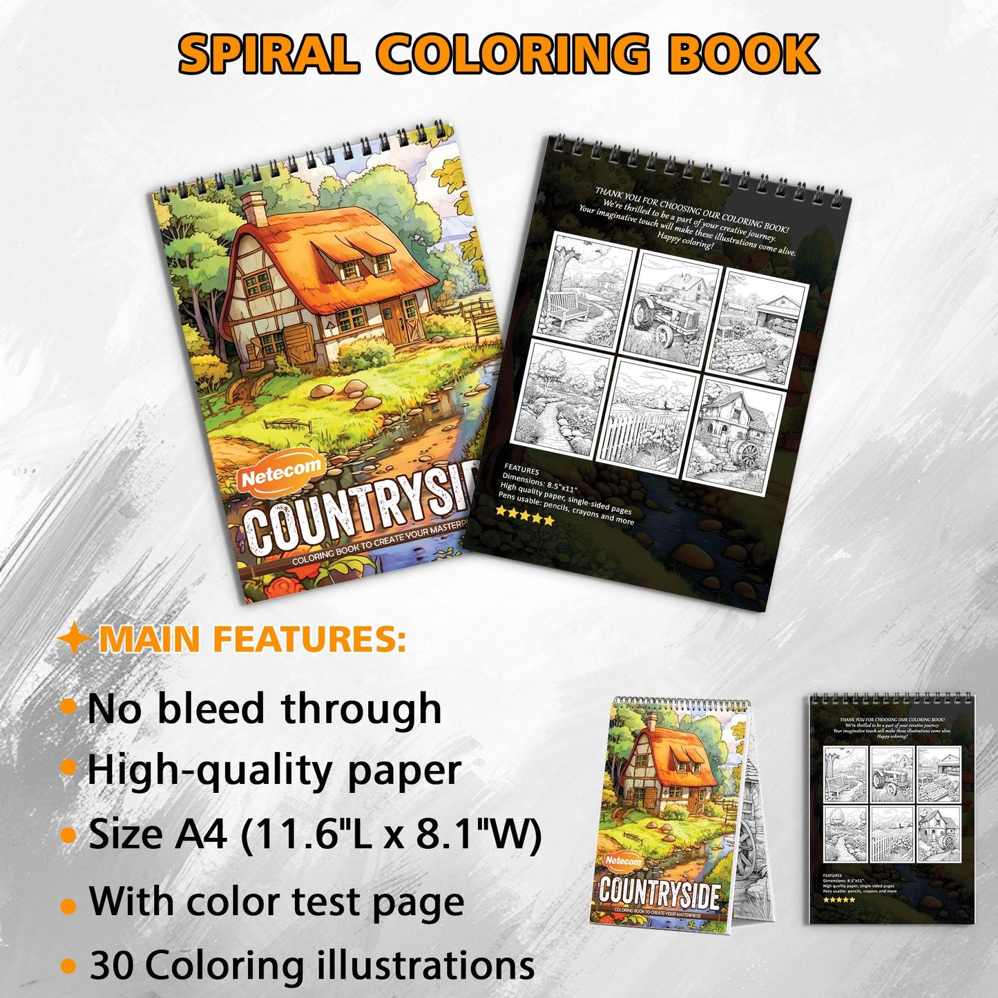 Countryside Spiral Bound Coloring Book, Tranquil Countryside Scenes for Peaceful Coloring, Ideal for Those Seeking Serenity and Natural Beauty