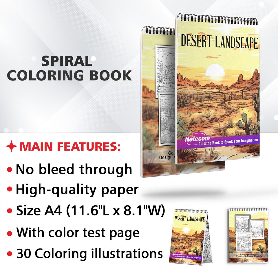 Desert Landscape Spiral Bound Coloring Book, Explore 30 Intriguing Coloring Pages, Depicting the Warmth and Radiance of Sun-Kissed Deserts with their Unique Rock Formations and Sand Dunes