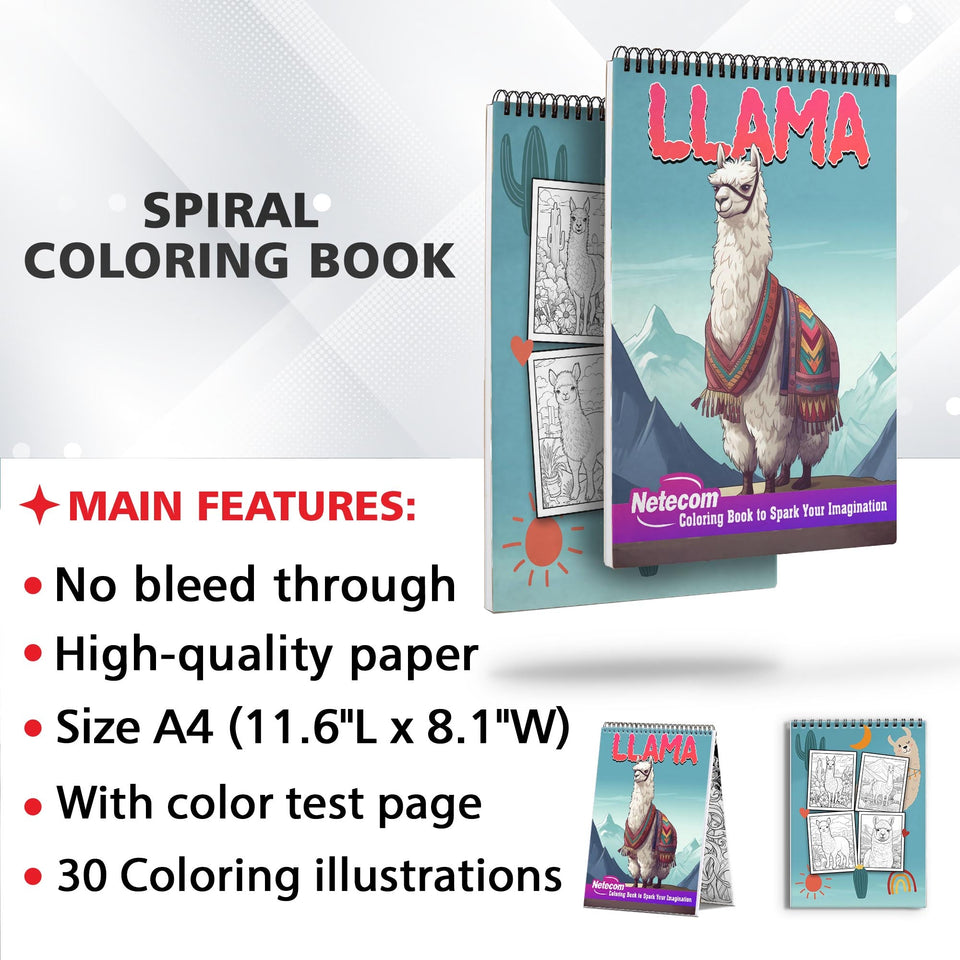 Llama Spiral Bound Coloring Book, Unleash Your Creativity with 30 Coloring Pages, Bringing to Life the Playfulness and Charm of Llamas