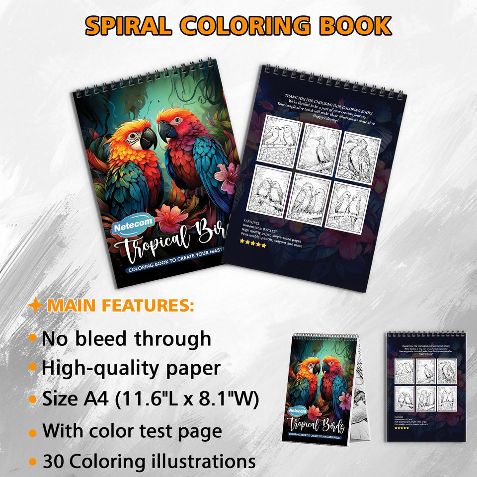 Tropical Birds Spiral Bound Coloring Book, Vibrant Tropical Birds for a Colorful Artistic Adventure, Ideal for Bird Watchers and Nature Fans