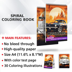 Muscle Cars Spiral Bound Coloring Book, Witness the Power of Muscle Car Marvels with 30 Inspiring Coloring Pages, Creating a Gallery of Captivating Automotive Icons