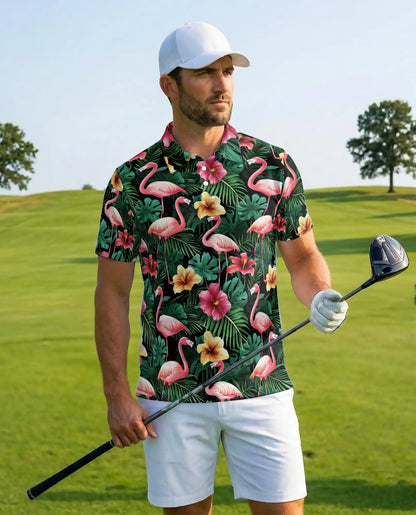 Flamingo Hawaiian 3D Polo Shirt for Men – Tropical Flower Beach Style | Azhobbyshop