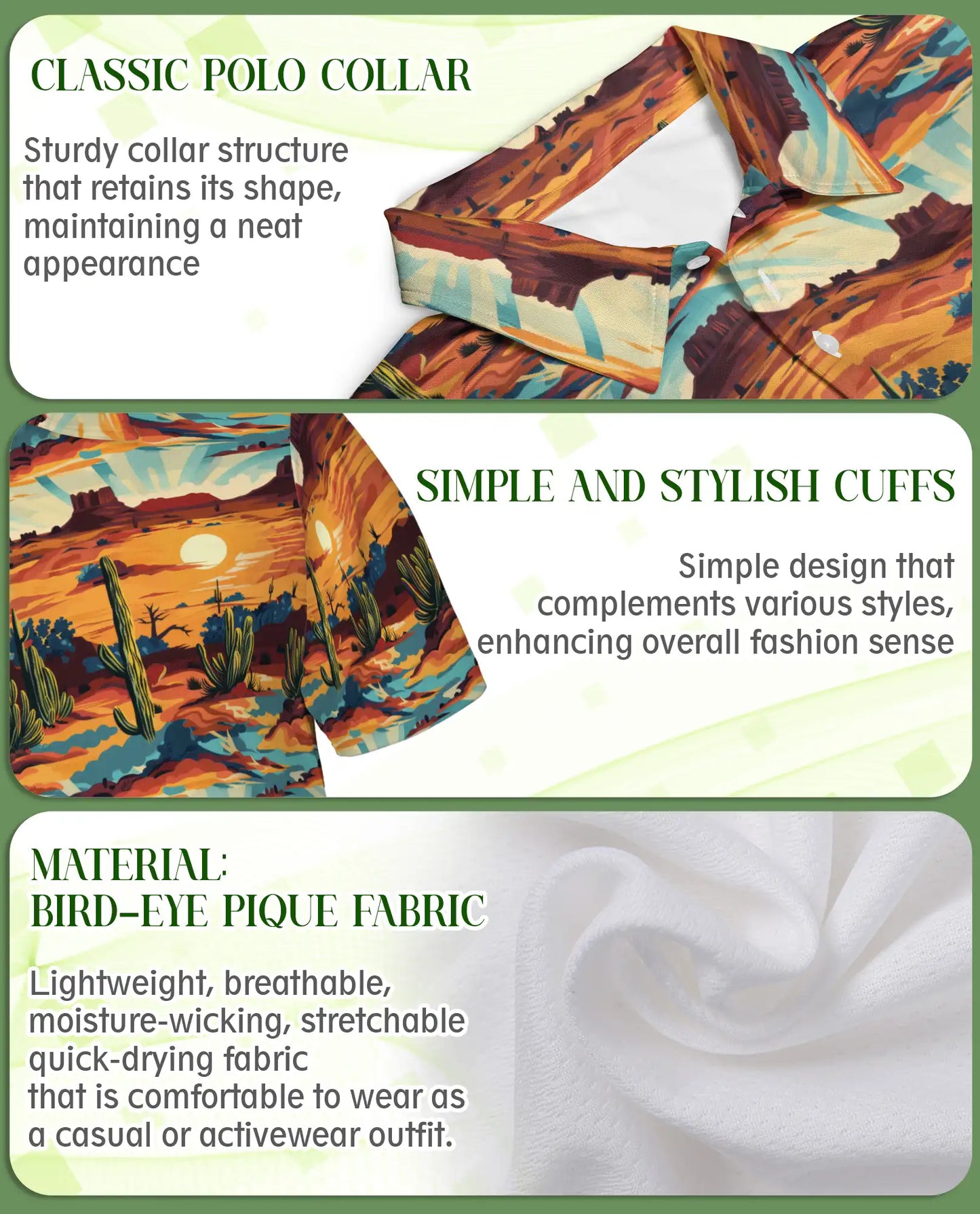 Desert Sunset 3D Polo Shirt for Men – Western Cactus Landscape Style | Azhobbyshop