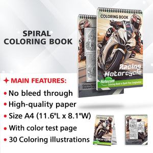 Racing Motorcycle Spiral Bound Coloring Book, Indulge in 30 Whimsical Coloring Pages, Featuring Speedy Racing Motorcycles with Striking Designs