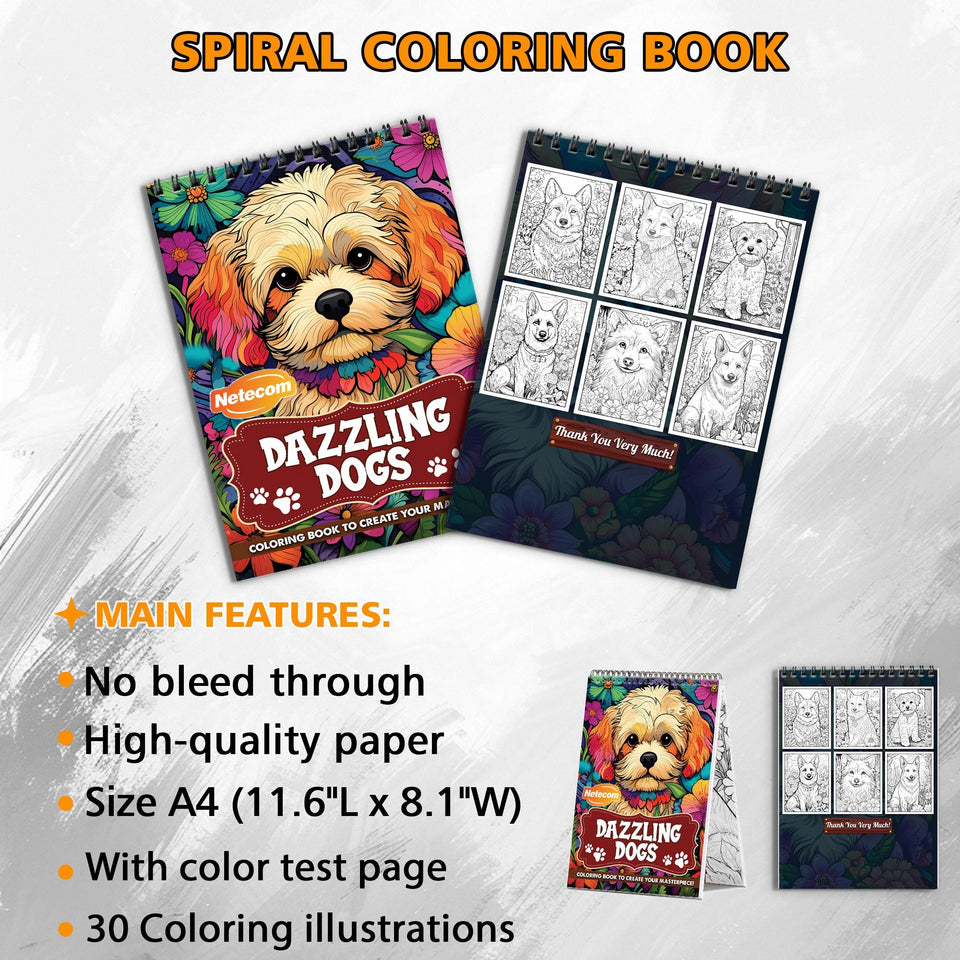 Dazzling Dogs Spiral Bound Coloring Book, Captivating Dog Scenes for Animal Lovers, Ideal for Canine Admirers and Artistic Fun