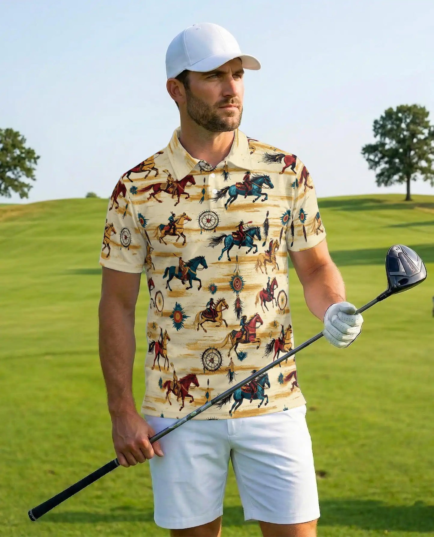 Wild Horse 3D Polo Shirt for Men – Western Native American Style Print | Azhobbyshop