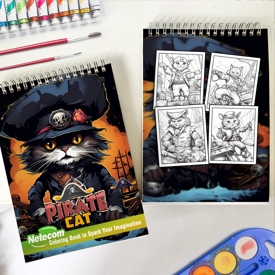 Pirate Cat (Grayscale) Spiral Bound Coloring Book, Unleash Your Artistic Talents in the Pirate Cat Grayscale Coloring Book with 30 Charming Pages for Coloring Enthusiasts to Embrace the Shadows, Textures, and Details of the Pirate Cat's Adventures