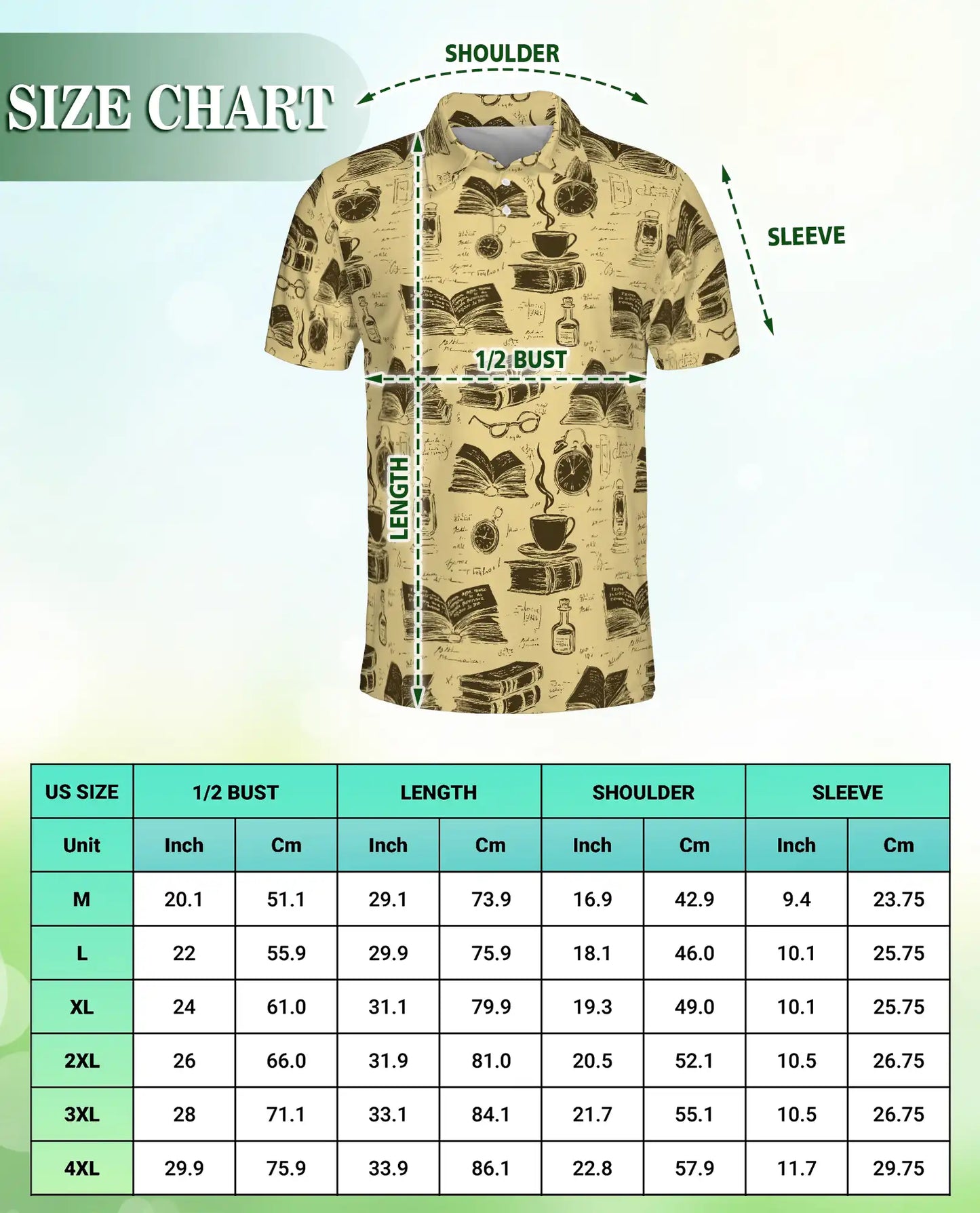 Book Pattern 3D Polo Shirt for Men – Vintage Coffee Reading Style | Azhobbyshop