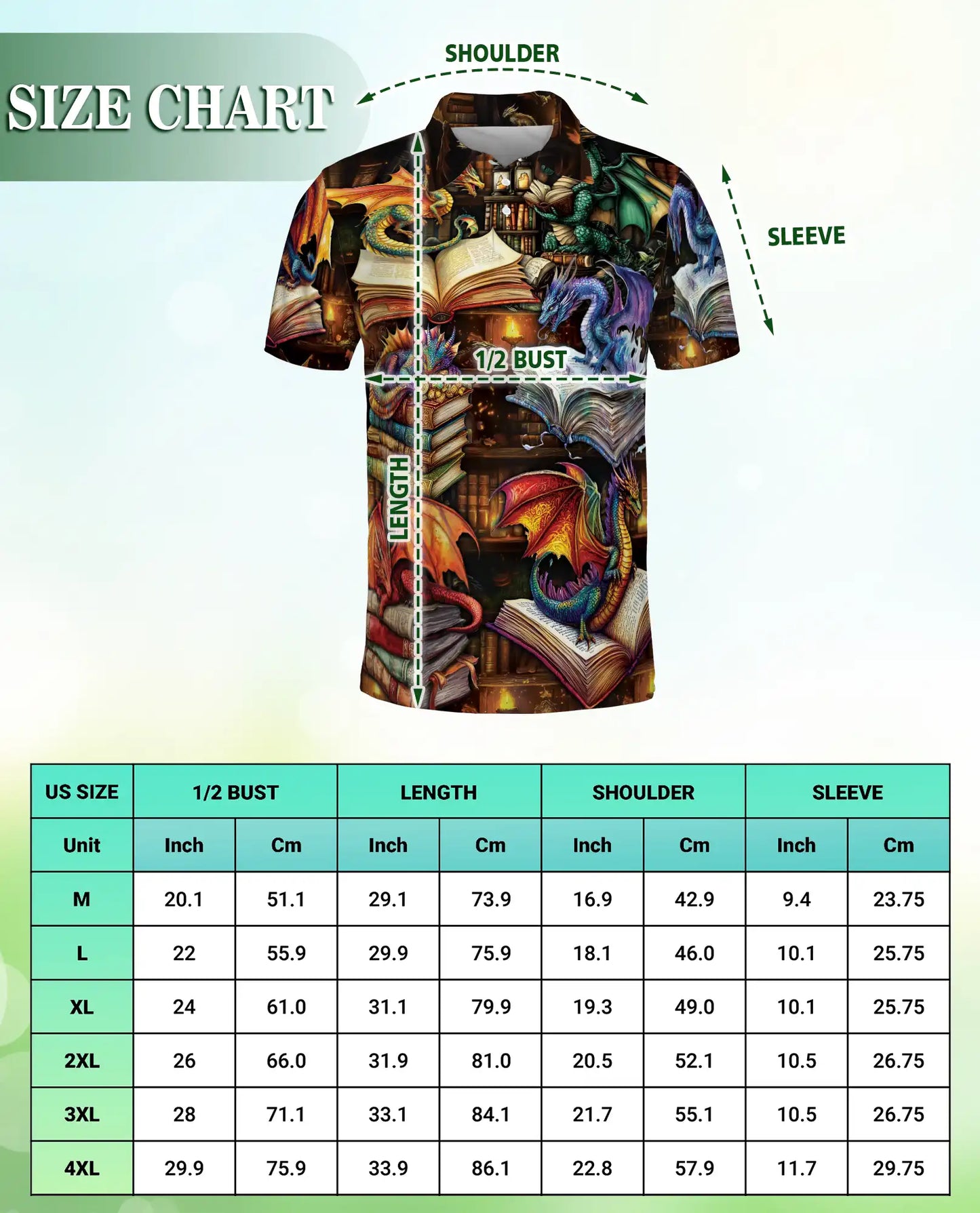 Dragon Book 3D Polo Shirt for Men – Fantasy Library Magic Style | Azhobbyshop