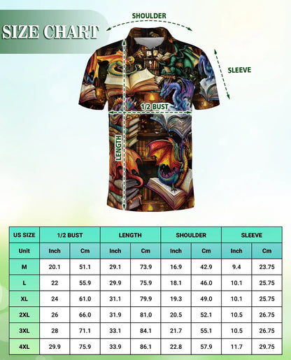 Dragon Book 3D Polo Shirt for Men – Fantasy Library Magic Style | Azhobbyshop