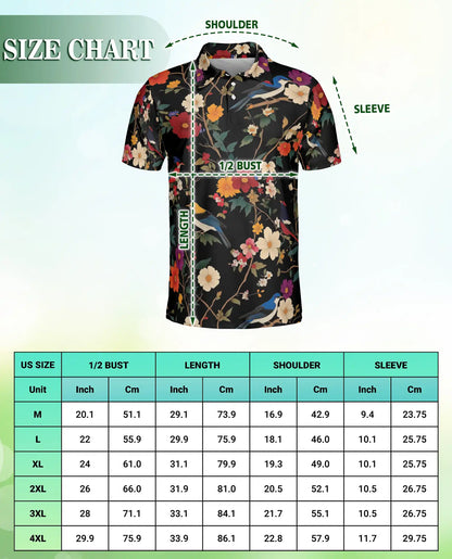Bird Flower 3D Polo Shirt for Men – Vintage Floral Birds Hawaiian Style | Azhobbyshop