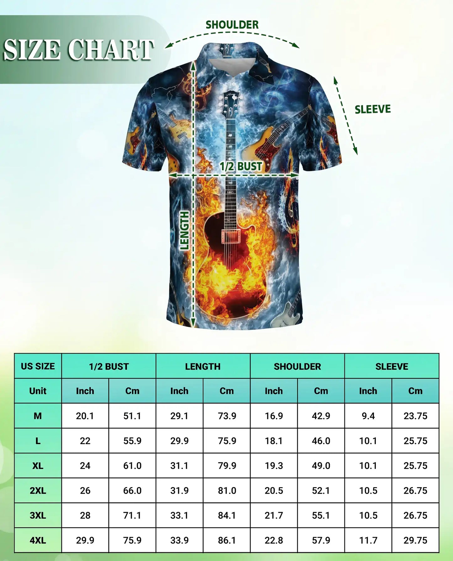 Flaming Guitar 3D Polo Shirt for Men – Rock Music Water Storm Style | Azhobbyshop