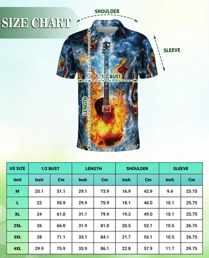 Flaming Guitar 3D Polo Shirt for Men – Rock Music Water Storm Style | Azhobbyshop