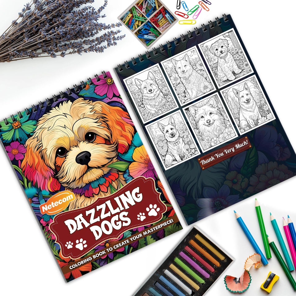 Dazzling Dogs Spiral Bound Coloring Book, Captivating Dog Scenes for Animal Lovers, Ideal for Canine Admirers and Artistic Fun