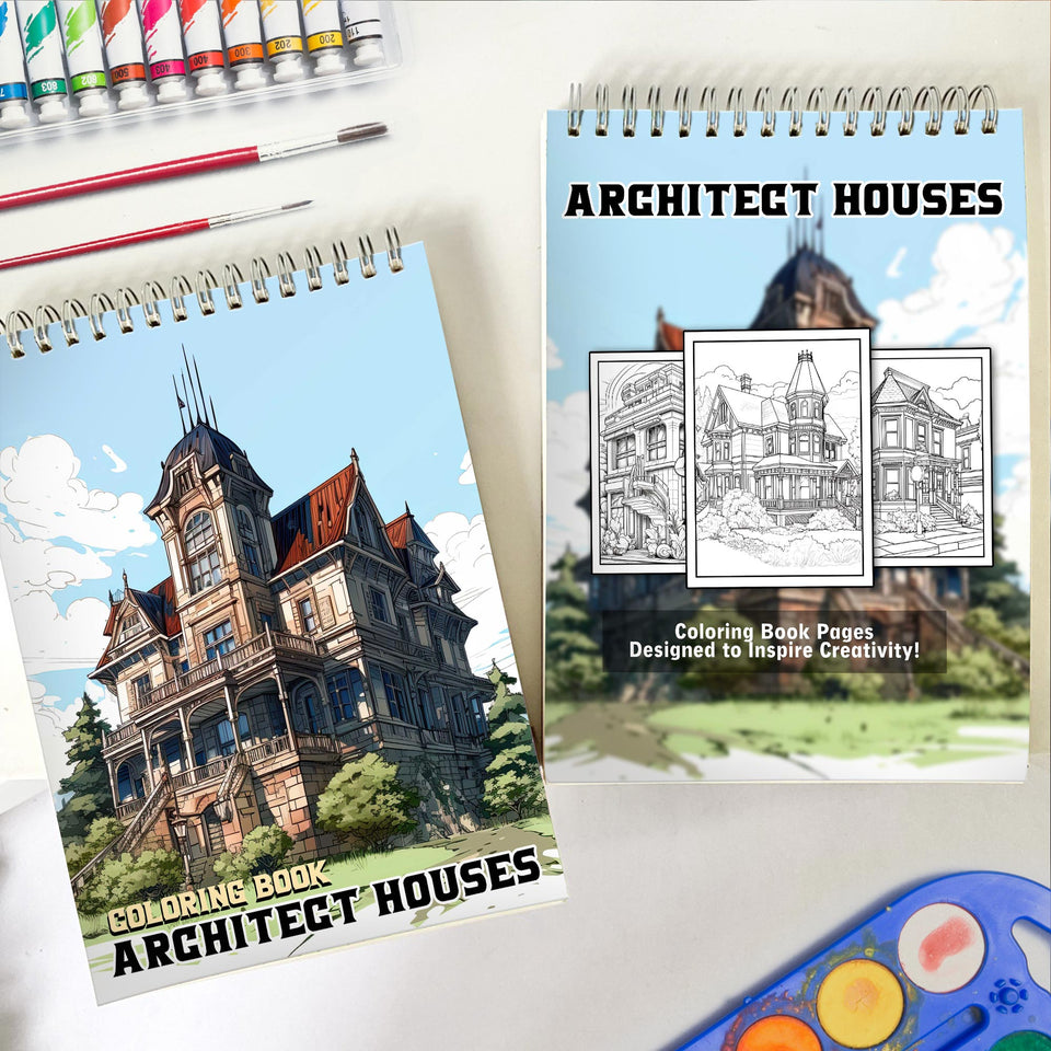 Architect Houses Spiral Bound Coloring Book, Explore 30 Captivating Coloring Pages, Showcasing Architect Houses that Inspire Imagination and Creativity