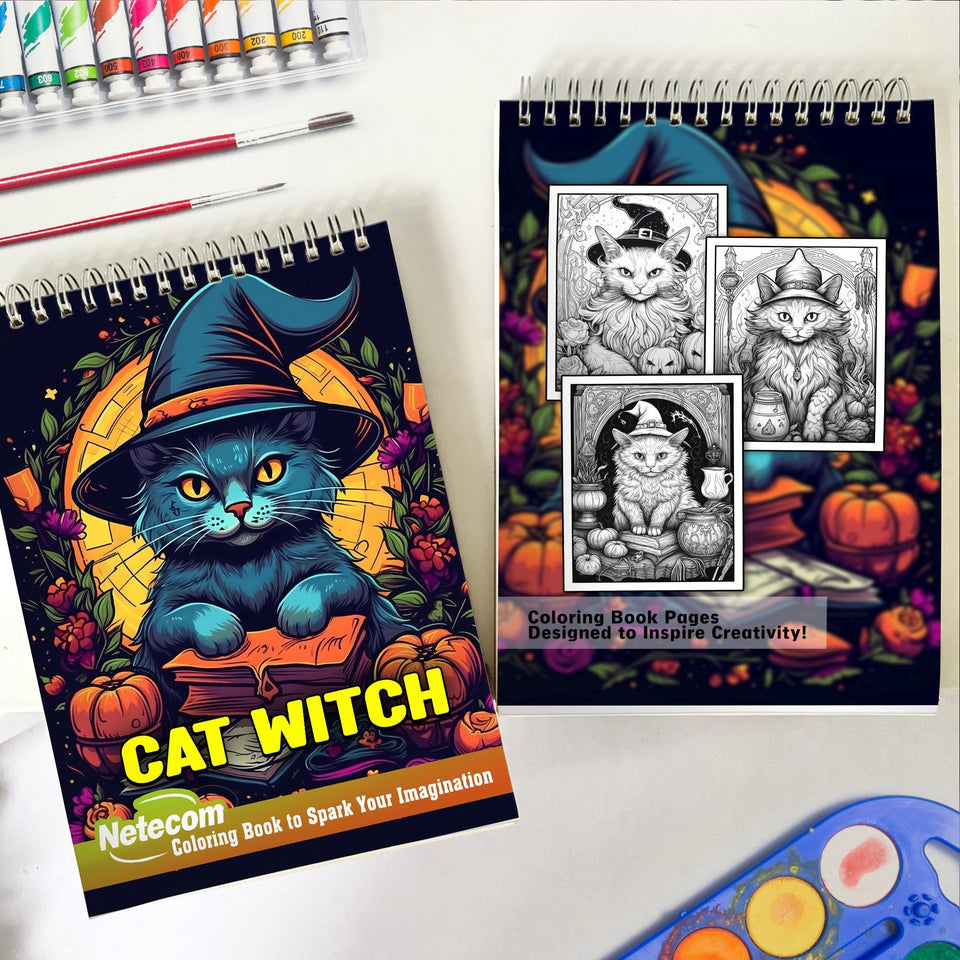 Cat Witch Spiral Bound Coloring Book, Set Your Imagination Ablaze with 30 Witchy Coloring Pages, Celebrating the Magical Connection between Cats and Spells