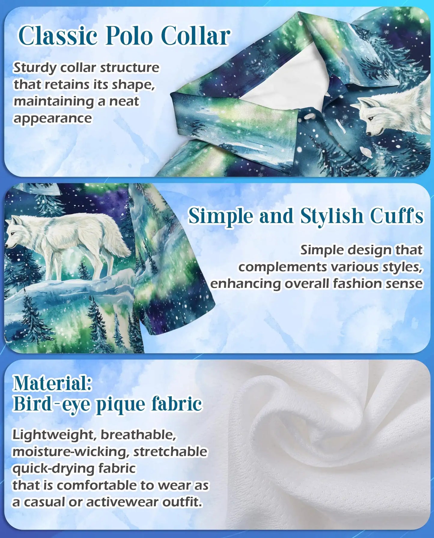 Arctic Wolf Aurora 3D Polo Shirt for Men – Northern Lights Winter Scene | Azhobbyshop