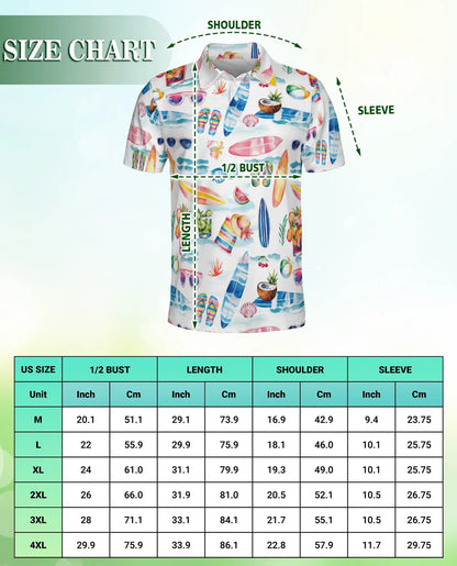 Beach Summer Vibes 3D Polo Shirt for Men – Surf, Sunglasses & Tropical Print | Azhobbyshop
