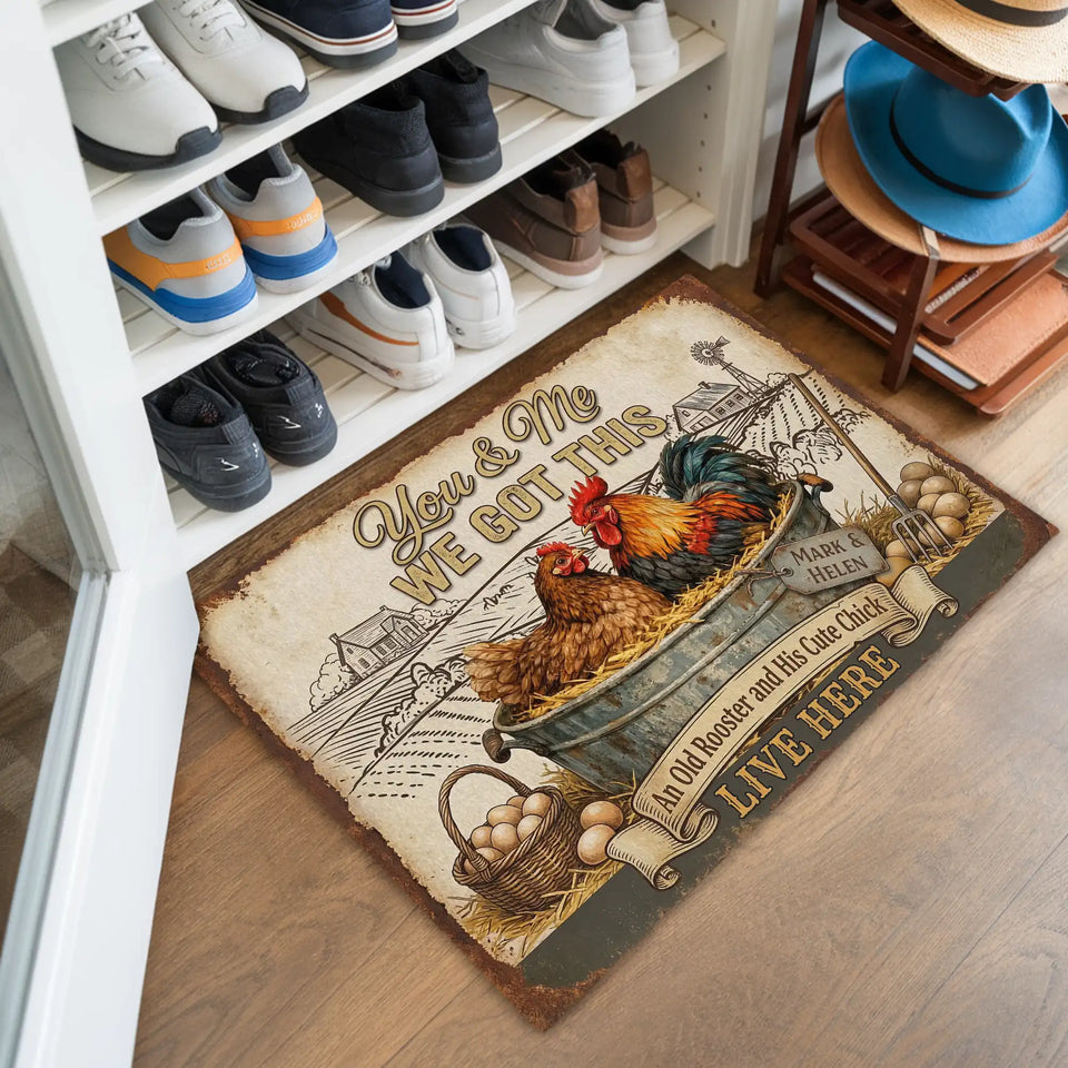 Personalized Rooster & Hen Couple Doormat – Custom Names Farm Mat