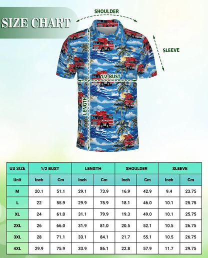 Fire Truck Hawaiian 3D Polo Shirt for Men – Tropical Firefighter Style | Azhobbyshop