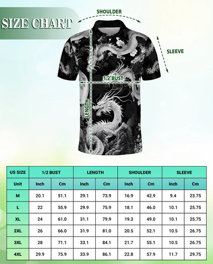 Japanese Dragon 3D Polo Shirt – Black White Oriental Art Style | Azhobbyshop