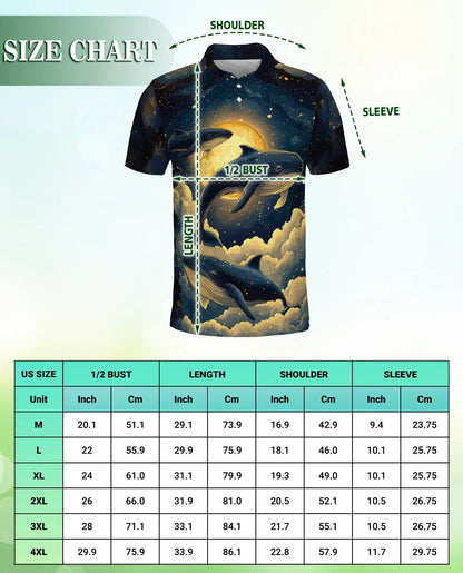 Whale Midnight 3D Polo Shirt for Men – Moonlit Ocean & Starry Sky Print | Azhobbyshop