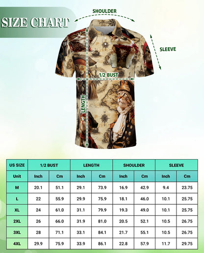 Pirate Cat 3D Polo Shirt for Men – Vintage Nautical Funny Cat Style | Azhobbyshop