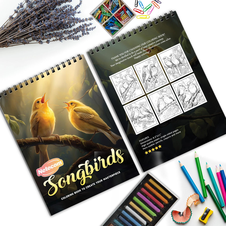 Songbirds Spiral Bound Coloring Book, Charming Songbird Illustrations for a Peaceful Coloring Experience, Ideal for Bird Lovers and Nature Enthusiasts