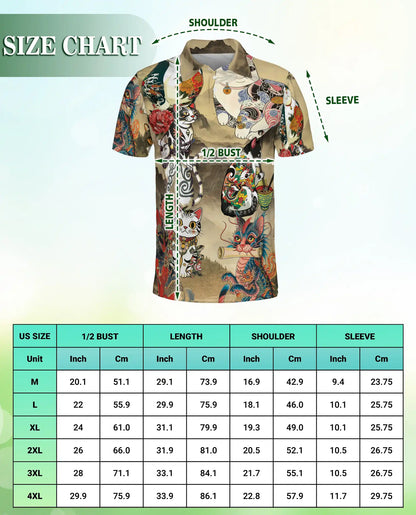 Japanese Cat 3D Polo Shirt for Men – Tattoo Dragon Art Style | Azhobbyshop