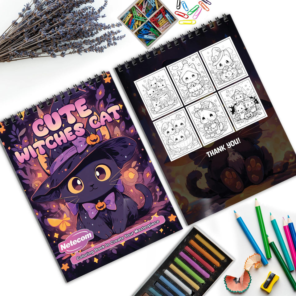 Cute Kawaii Cat Witches Spiral Bound Coloring Book, Whimsical Cat Witches in Kawaii Style, Great for Fans of Cute Magic and Playful Fantasy Art