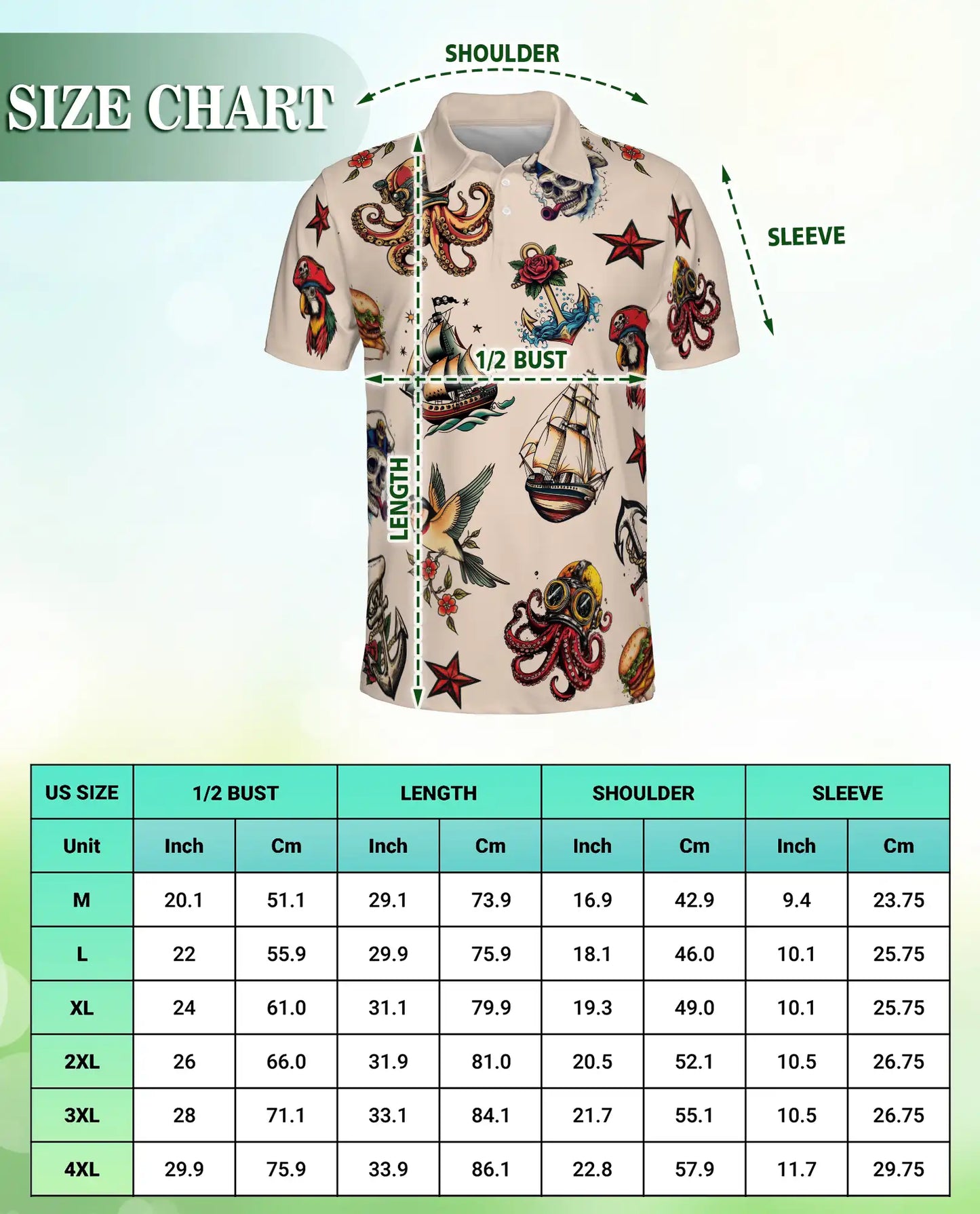 Tattoo Style 3D Polo Shirt for Men – Vintage Nautical & Skull Print | Azhobbyshop