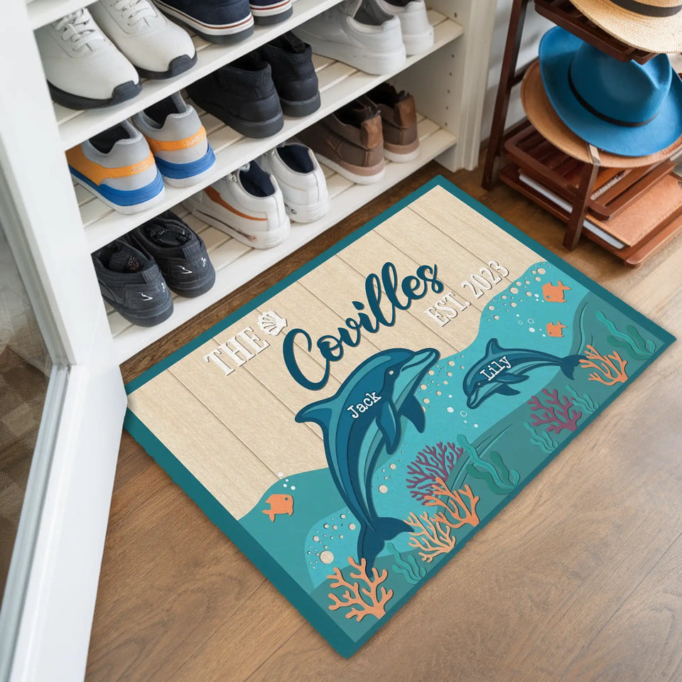 Personalized Dolphin Family Doormat – Custom Names Ocean Mat