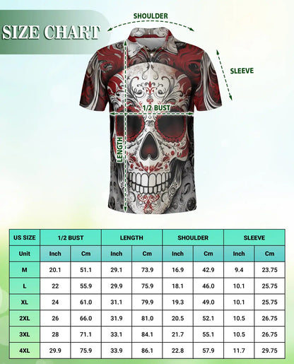 Sugar Skull 3D Polo Shirt for Men – Red Gothic Day of the Dead Style | Azhobbyshop