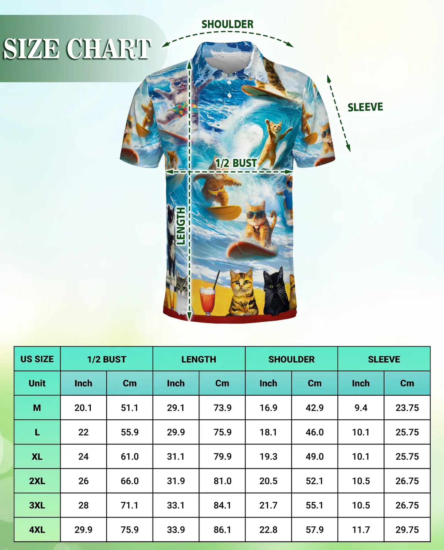 Surfing Cat Polo Shirt- Funny Beach Cat Surf Print Summer Shirt | Azhobbyshop