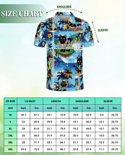 Black Cat Hawaiian 3D Polo Shirt for Men – Tropical Beach Cat Style | Azhobbyshop