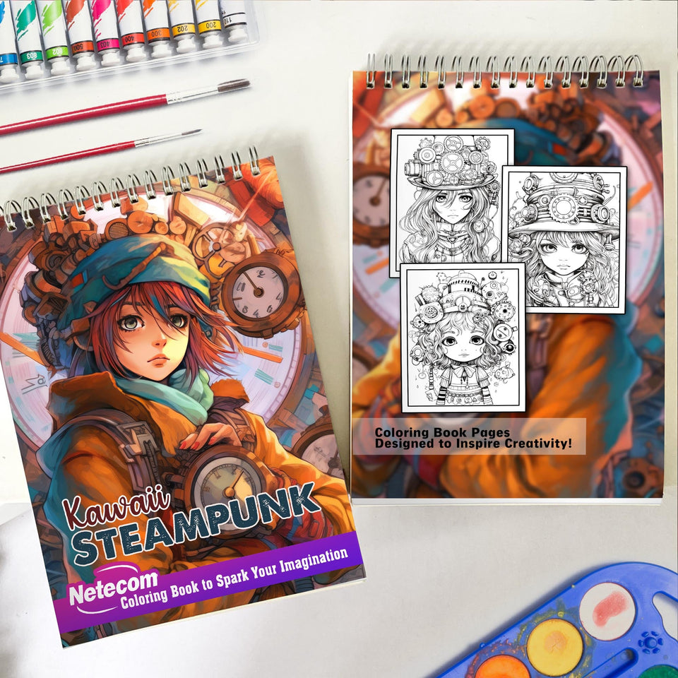Kawaii Steampunk Girls Spiral Bound Coloring Book, Embark on a Coloring Journey with 30 Pages of Adorable Steampunk Girls in a Whimsical World