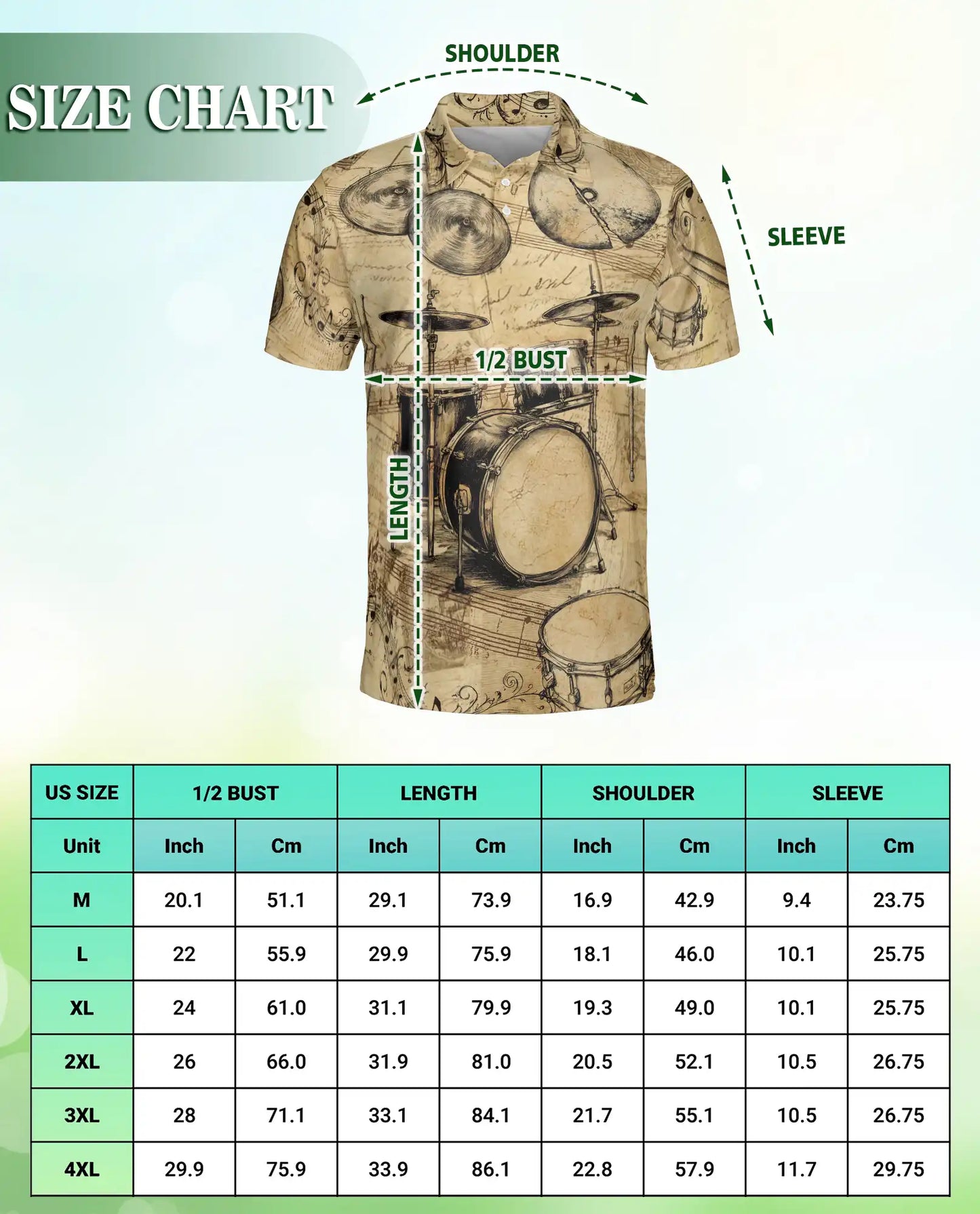 Drum Set 3D Polo Shirt for Men – Vintage Musician Drummer Style | Azhobbyshop