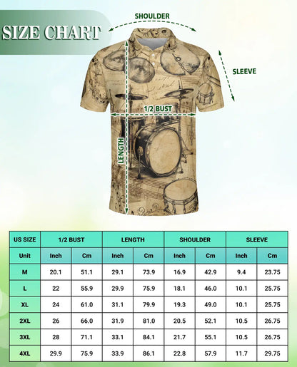 Drum Set 3D Polo Shirt for Men – Vintage Musician Drummer Style | Azhobbyshop