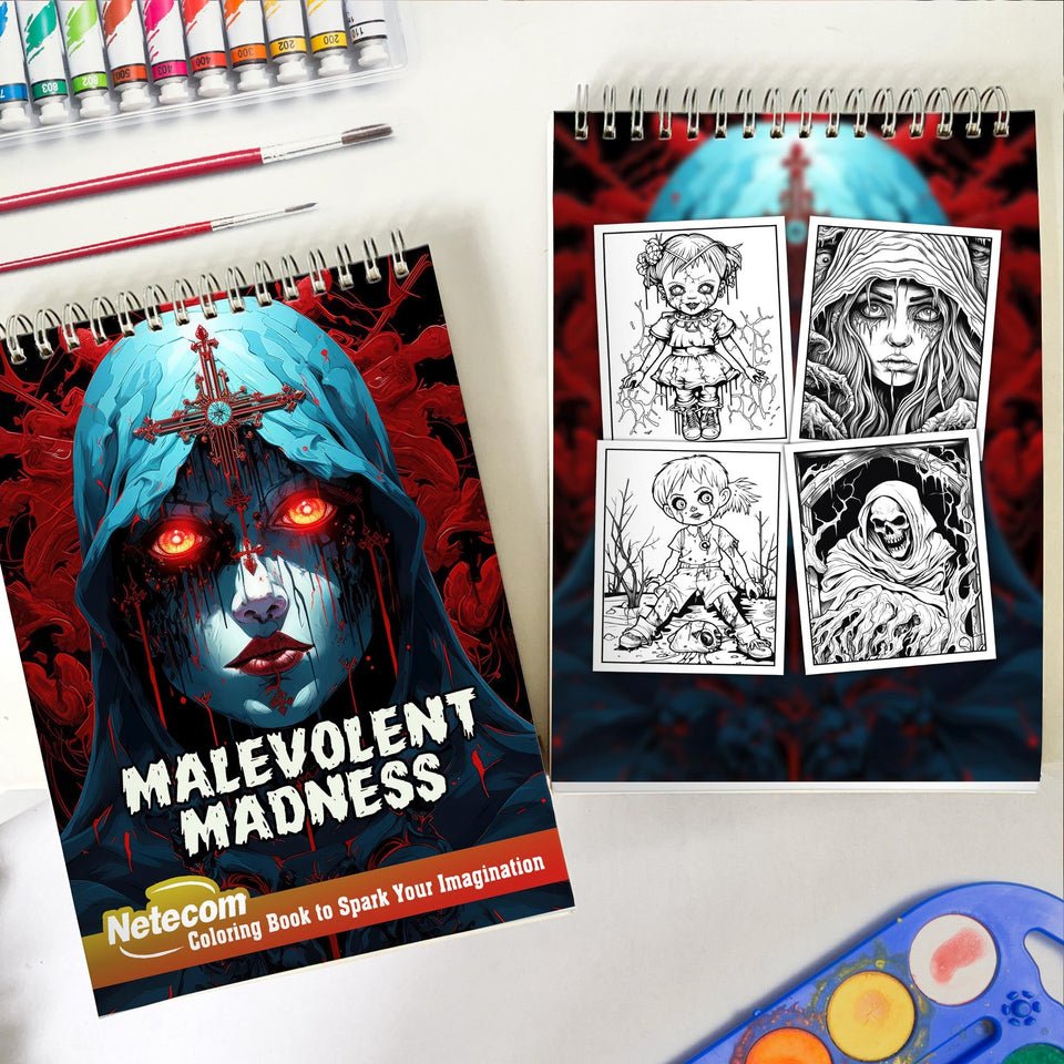 Malevolent Madness Spiral Bound Coloring Book, Explore the Twisted Realms of Malevolent Madness Through Intricate Coloring