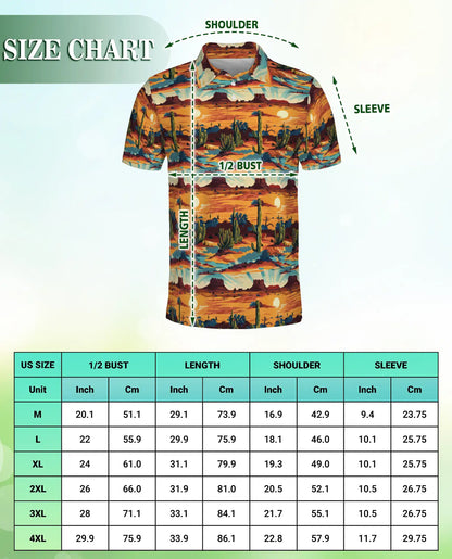 Desert Sunset 3D Polo Shirt for Men – Western Cactus Landscape Style | Azhobbyshop