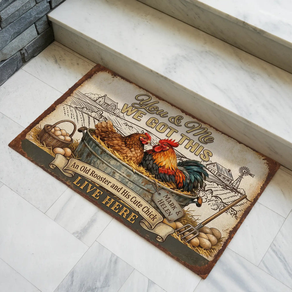 Personalized Rooster & Hen Couple Doormat – Custom Names Farm Mat