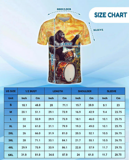 Gorilla Drummer 3D Polo Shirt for Men – Funny Animal Musician Style | Azhobbyshop