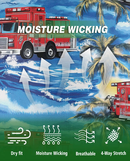 Fire Truck Hawaiian 3D Polo Shirt for Men – Tropical Firefighter Style | Azhobbyshop