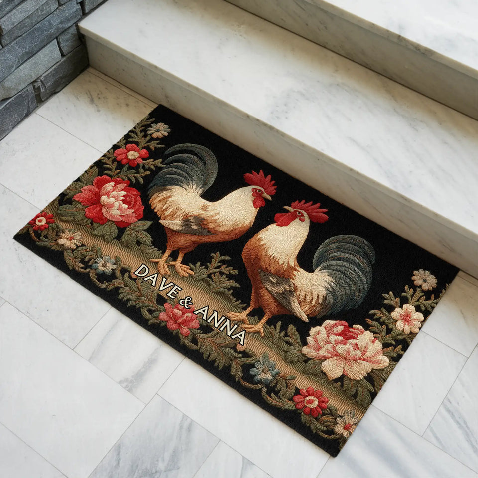 Personalized Rooster Couple Doormat – Custom Names Floral Farm Mat