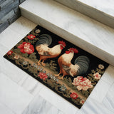 Personalized Rooster Couple Doormat – Custom Names Floral Farm Mat
