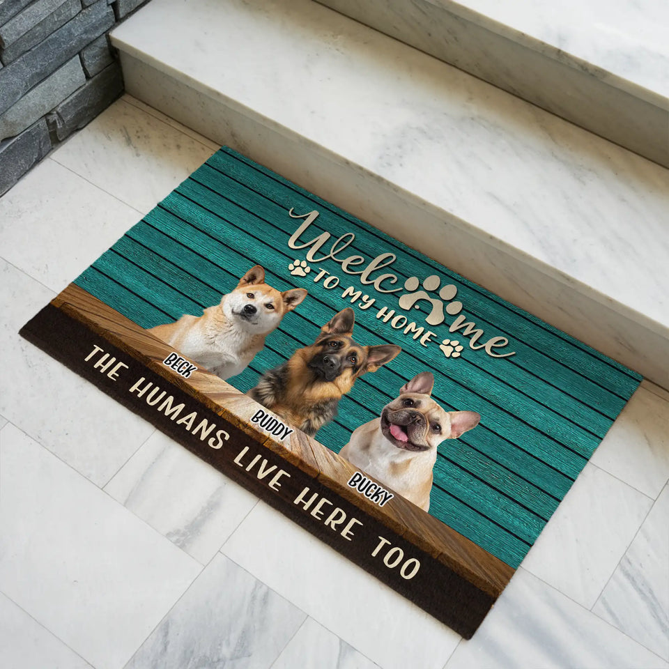 Personalized Turquoise Dog Doormat – Custom Pet Photos & Names Mat