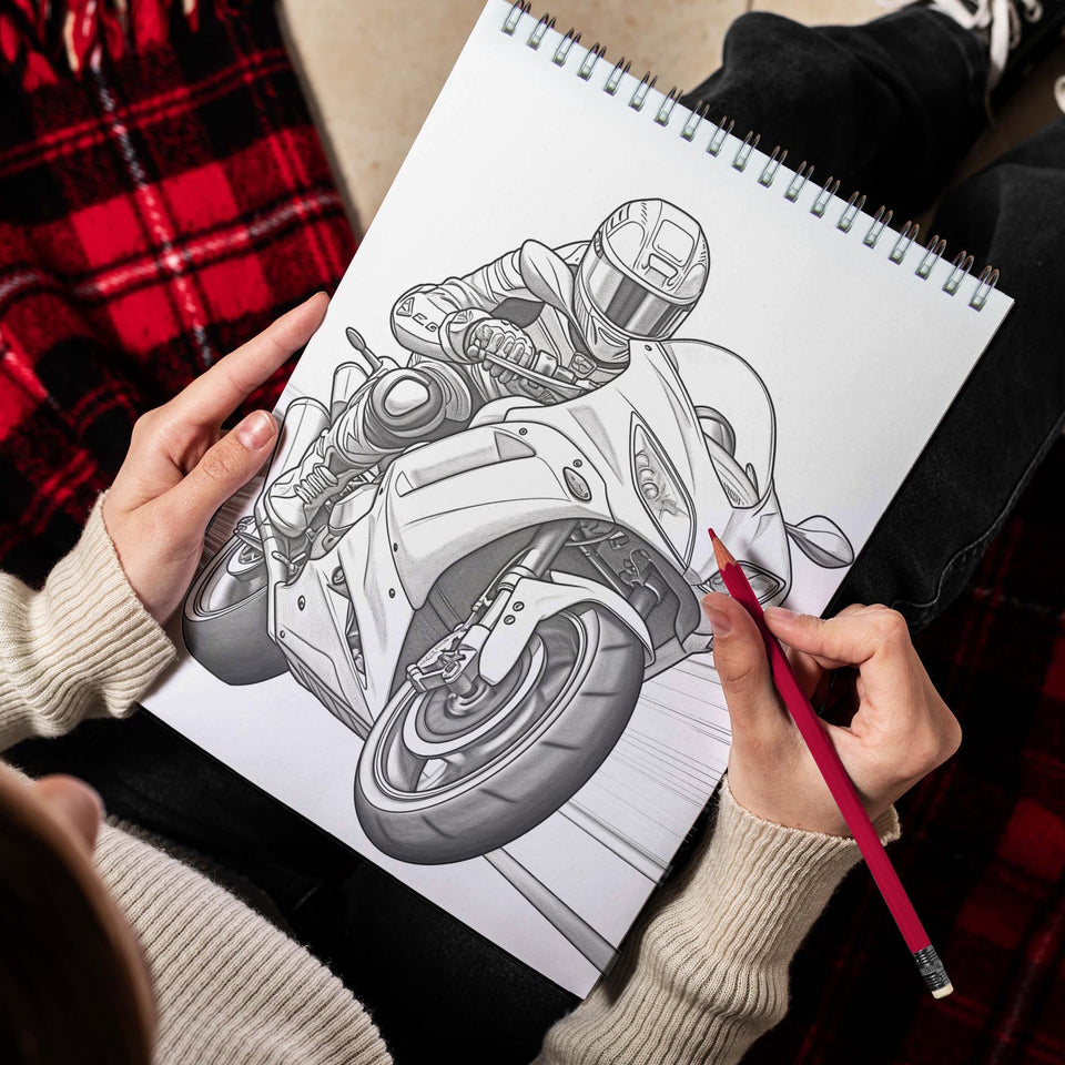 Racing Motorcycle Spiral Bound Coloring Book, Indulge in 30 Whimsical Coloring Pages, Featuring Speedy Racing Motorcycles with Striking Designs