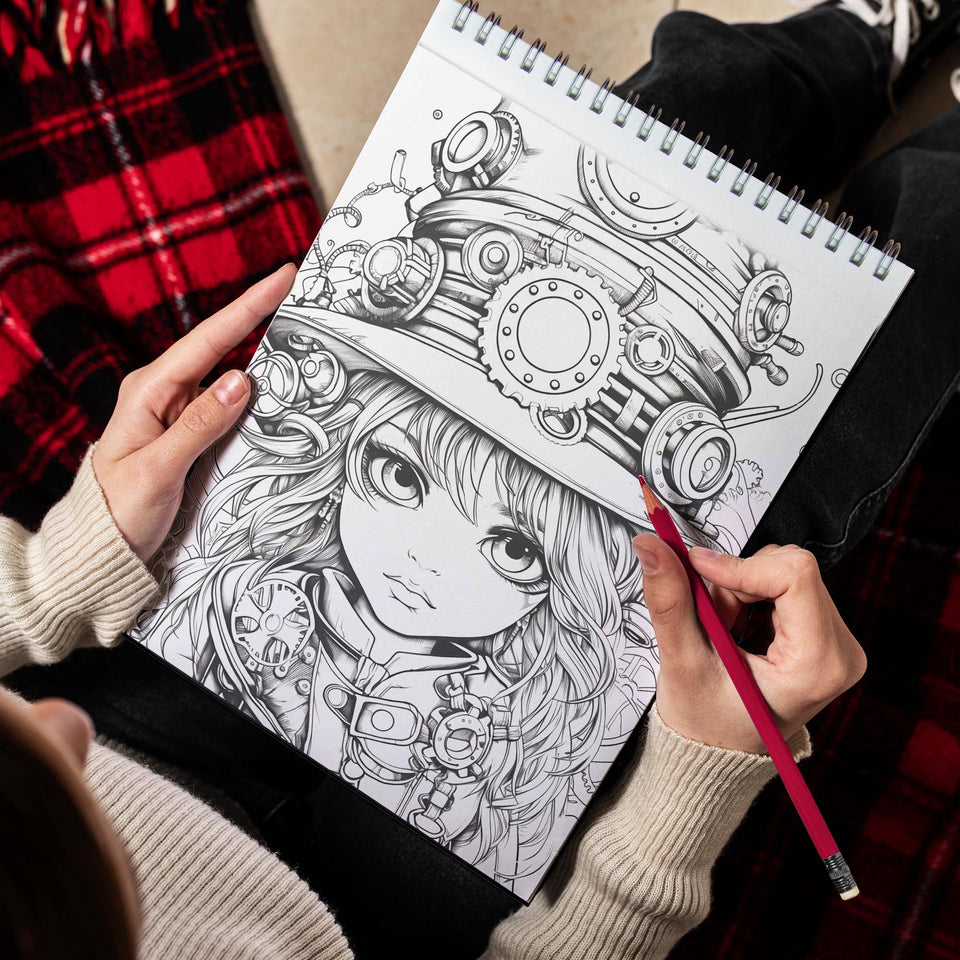 Kawaii Steampunk Girls Spiral Bound Coloring Book, Embark on a Coloring Journey with 30 Pages of Adorable Steampunk Girls in a Whimsical World