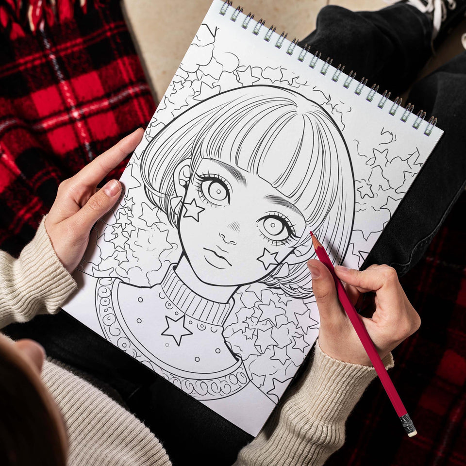 Stress Relief Anime Space Girl Spiral Bound Coloring Book, Find Inner Peace with 30 Meditative Coloring Pages, Depicting Anime Space Girls in Tranquil Cosmic Settings