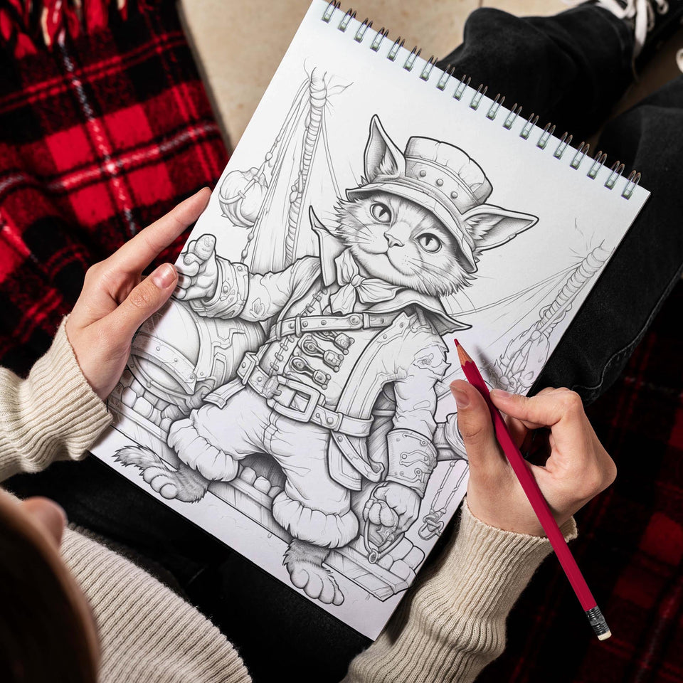 Pirate Cat (Grayscale) Spiral Bound Coloring Book, Unleash Your Artistic Talents in the Pirate Cat Grayscale Coloring Book with 30 Charming Pages for Coloring Enthusiasts to Embrace the Shadows, Textures, and Details of the Pirate Cat's Adventures